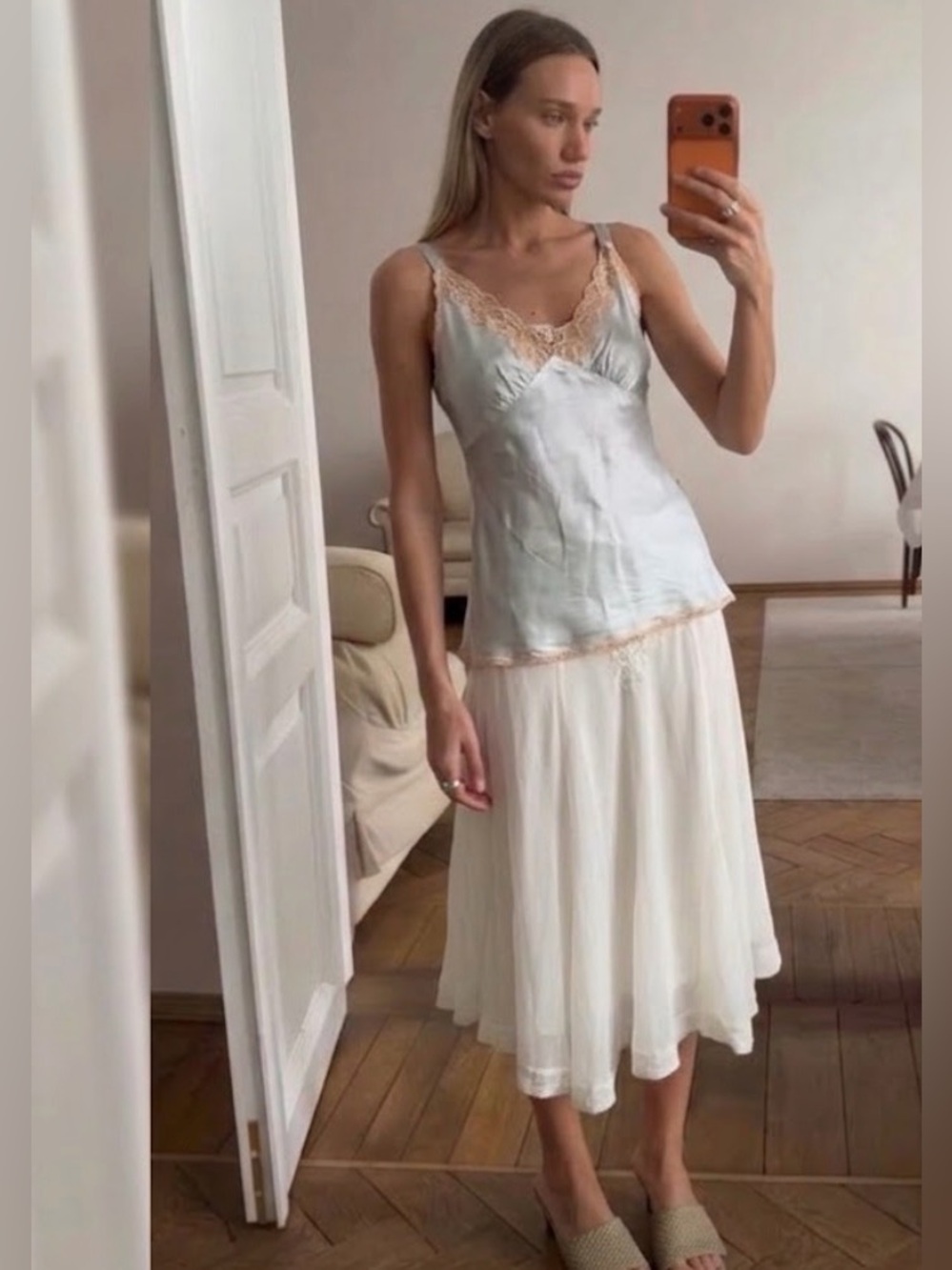 Vintage Jonquil by Diane Samandi Light Blue Silk Lace Trim Camisole Top Size S